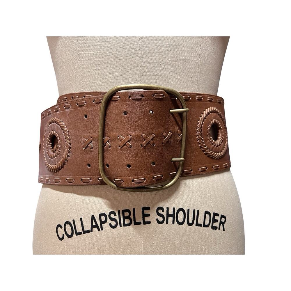 Betsey Johnson Xtra Wide Southwest Italian Leather Belt Cowgirl Brown SZ L
